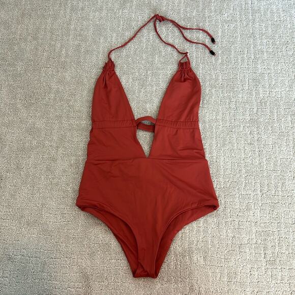 Tavik “Emme” halter one piece rust red dusty plunge v neck high cut cheeky - Picture 3 of 10